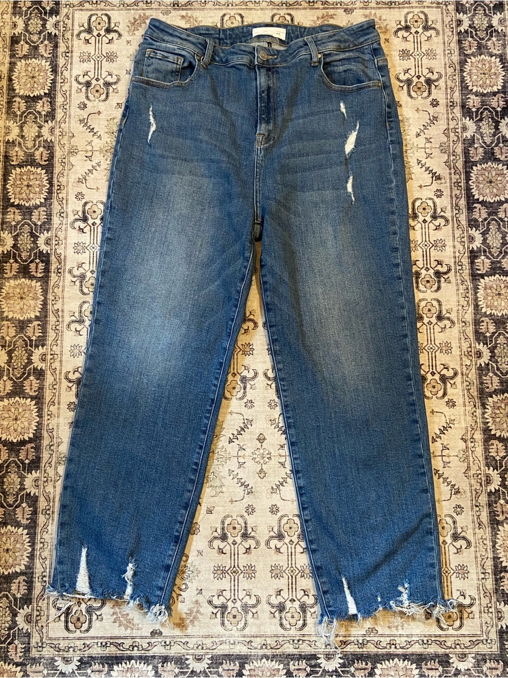 Risen High Rise Distressed Boyfriend Denim Jeans Frayed Hem Blue Womens 1XL